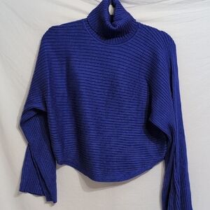Pink Rose Ribbed Cowl Neck Sweater - Deep Blue